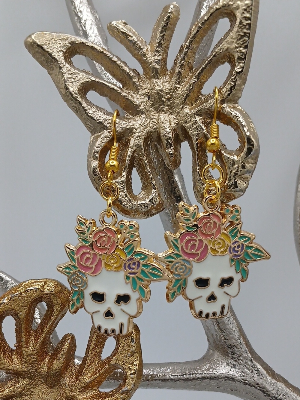 Gold Floral Skull Drop Earrings
